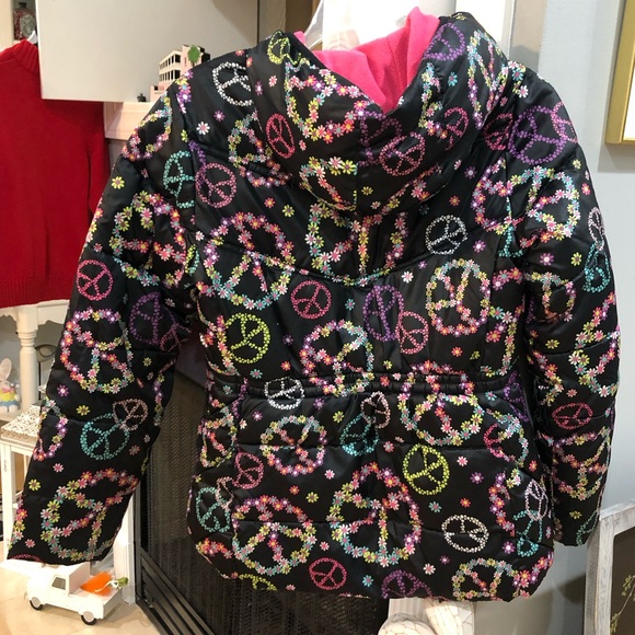 Faded Glory Girls Floral Peace Sign Puffer Lined Hooded Winter Snow Jacket Coat - Picture 3 of 7
